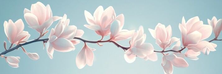 Delicate Pink Magnolia Blossoms Branch Against Blue Sky