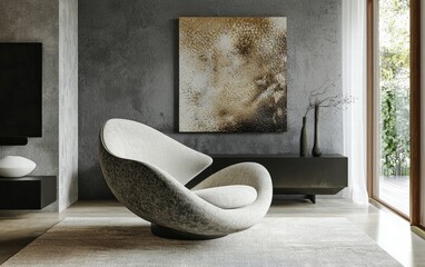Elegant curved chair in a modern living room with subtle textures