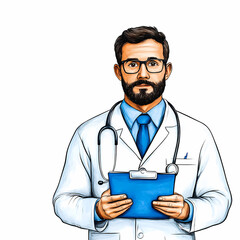 healthcare professional in white coat holds clipboard, exuding confidence and professionalism. doctor is ready to assist patients with care and expertise