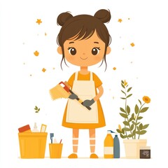 Happy Girl Cleaning Holding Broom Cleaning Supplies