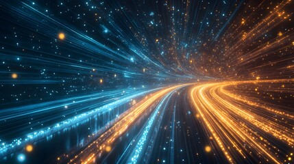 Dynamic light trails in a cosmic landscape abstract digital art futuristic environment vibrant colors