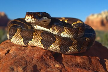 Obraz premium Coiled Python Rests on Desert Rock Basking in Sunlight