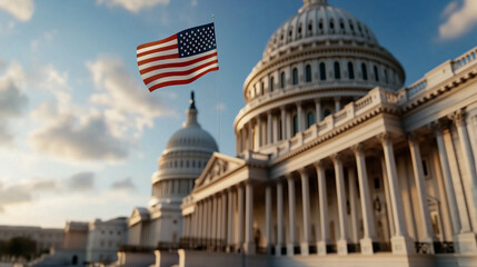 Obraz premium The iconic US Capitol complex with an American flag waving prominently