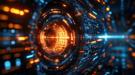 Obraz premium Abstract digital tunnel with glowing lines and particles.