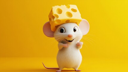 A cute, cartoon mouse wearing a cheese hat smiles on a yellow background.