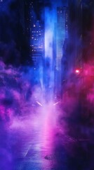 Dark street, night smog and smoke neon light. dark background of the night city, ray of light in the dark. gloomy dark background. space background. Ultra realistic. Photorealistic
