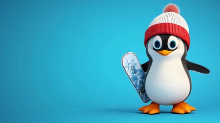 Fototapeta premium A cartoon penguin wearing a blue hat holds a blue snowboard in front of a blue background.
