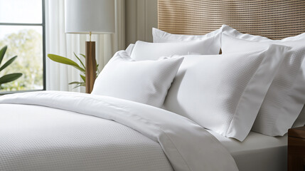 Close-up of premium white bedding crafted from organic fabrics