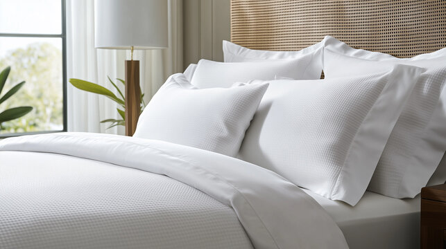Close-up of premium white bedding crafted from organic fabrics