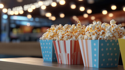 Popcorn stand at a cinema overflowing with fresh golden popcorn