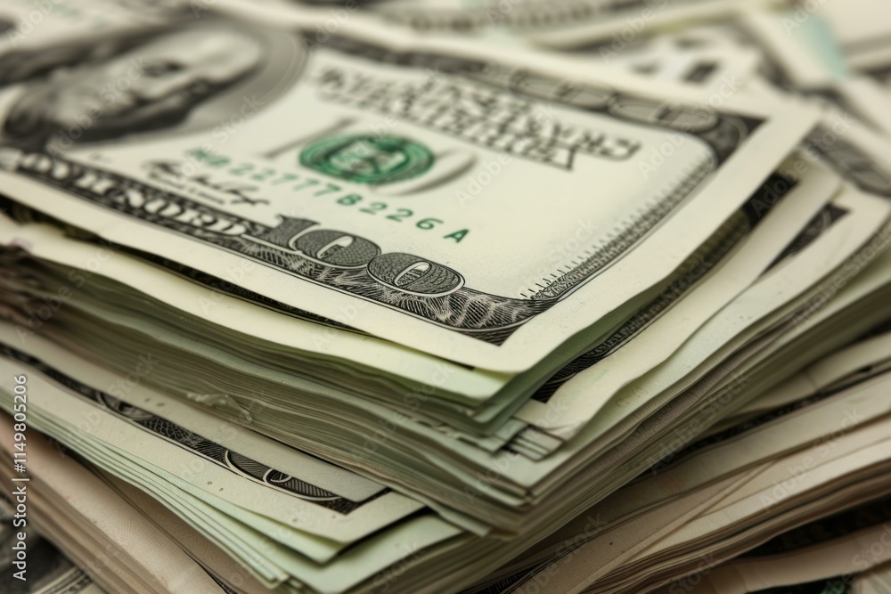 Poster close up of a large stack of one hundred dollar bills, creating an image of wealth and prosperity