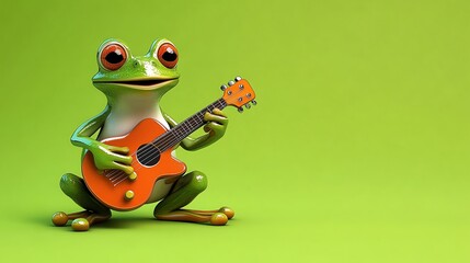 Fototapeta premium A cartoon frog plays an orange guitar.