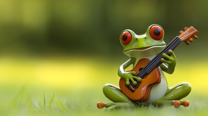 Fototapeta premium A cartoon frog with big red eyes plays a guitar while sitting on the grass.