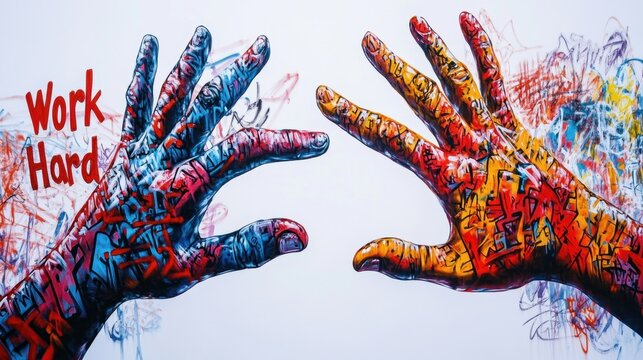Colorful Hands with Motivational Text "Work Hard"