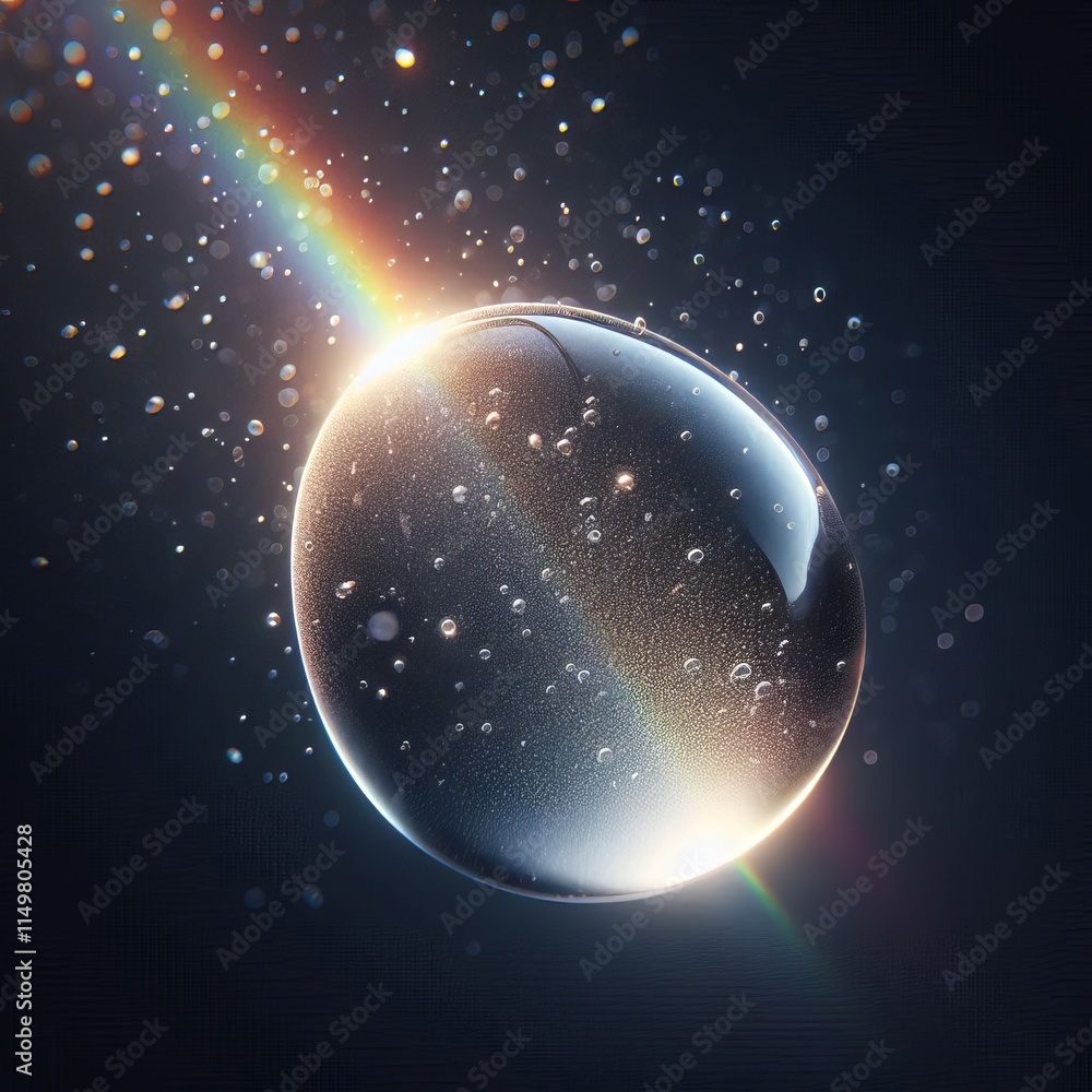 Poster a glowing water droplet intersected by a vibrant beam of light that creates a stunning prism effect.