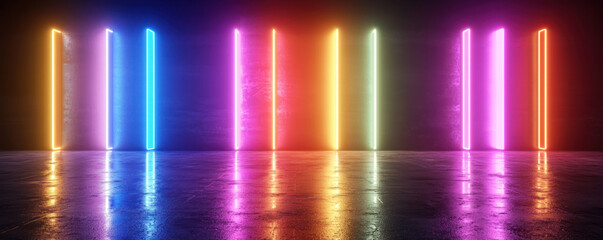 Vibrant neon lights illuminate dark room, creating dynamic atmosphere