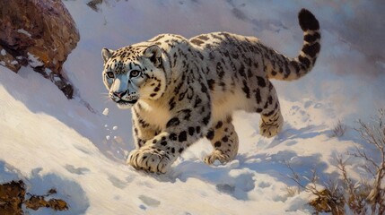 Fototapeta premium Snow Leopard on Snowy Mountainside