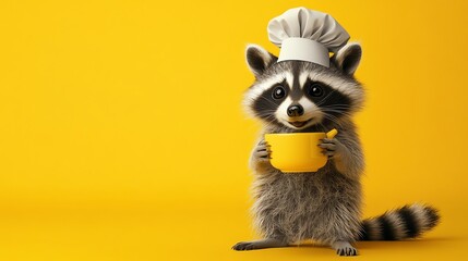 A cartoon raccoon wearing a chef's hat holds a yellow cup.