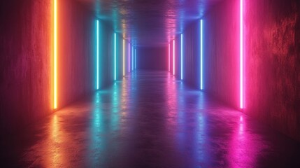 Neon lights illuminate a dark, reflective corridor.