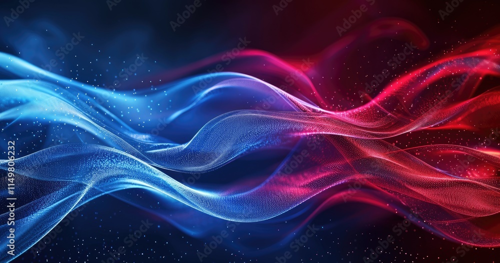 Poster abstract waves in blue and red, creating a dynamic, vibrant visual effect.