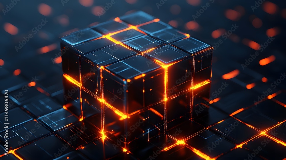 Poster illuminated cube in abstract digital environment 3d visualization technology dark background futuris