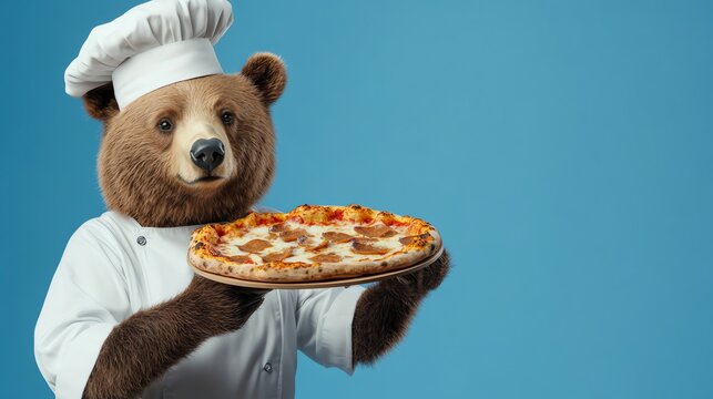 A bear wearing a chef's hat holds a pizza on a wooden serving tray.