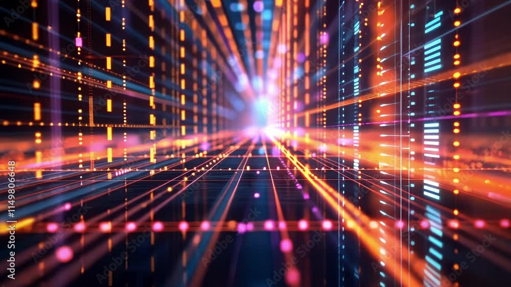 Poster complex data streams are flowing through a futuristic server room visualization, creating a colorful