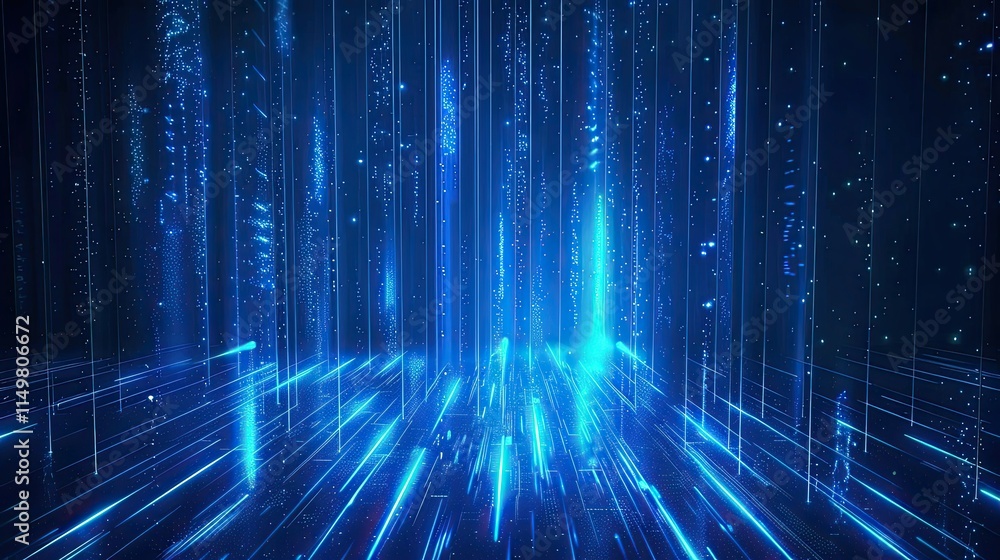 Poster a futuristic abstract scene with blue light beams creating a digital atmosphere.