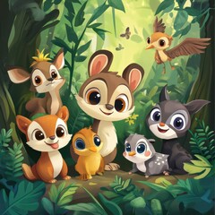 Fototapeta premium Adorable Jungle Animals Gather Together In Harmony