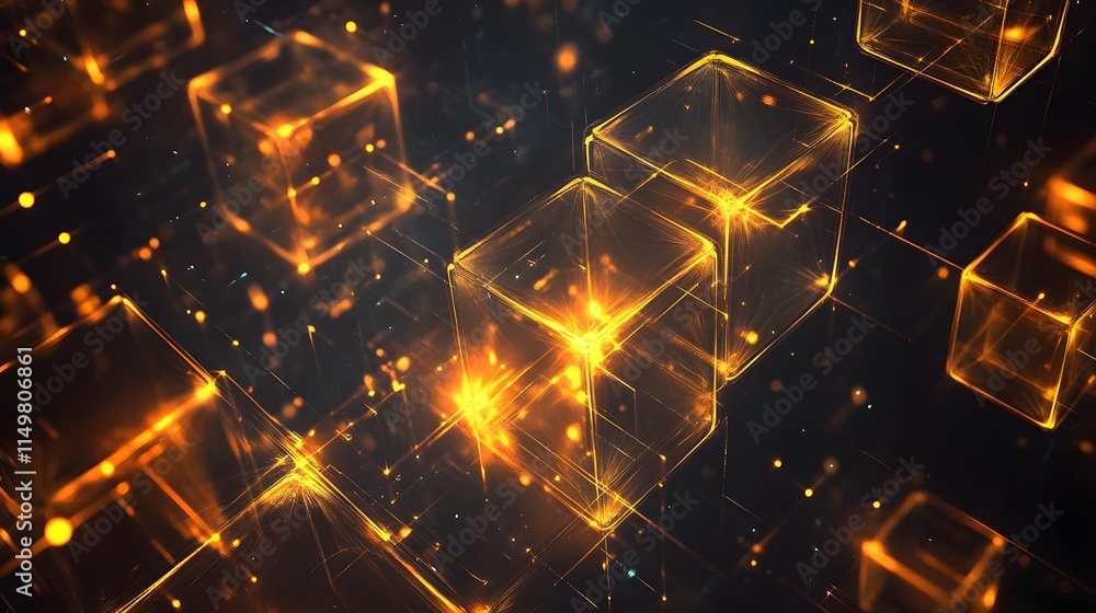 Poster dynamic golden cube animation digital realm 3d graphic visualization futuristic environment abstract