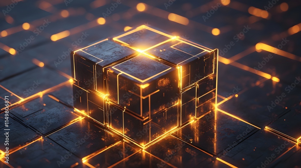 Poster illuminated cubic structure digital realm 3d render futuristic design close-up view abstract concept