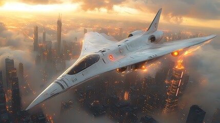 Fototapeta premium Futuristic white aircraft flying above a city at sunset.