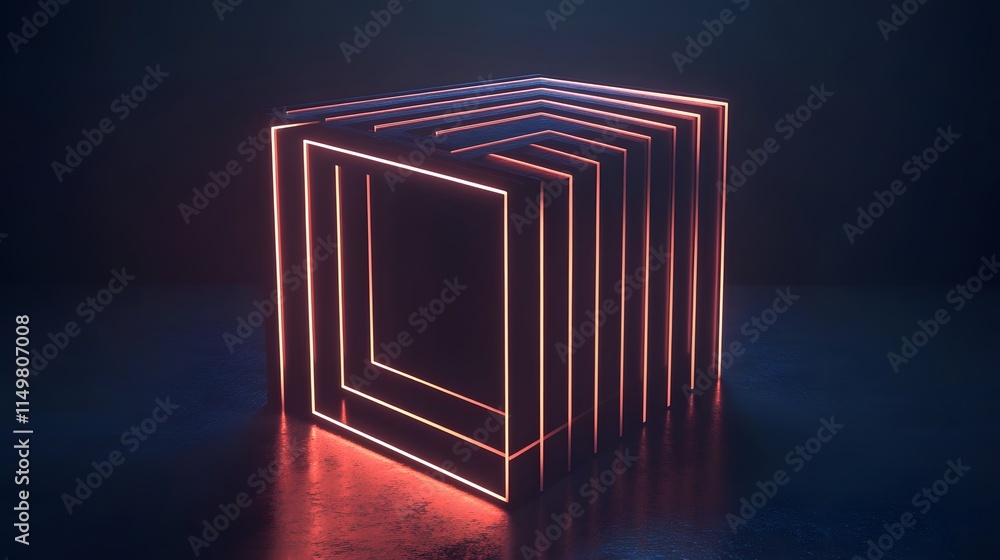 Poster dynamic neon cube animation digital studio 3d visualization dark environment close-up perspective fu