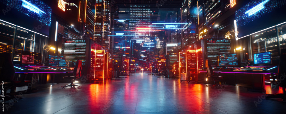 Poster futuristic data center with glowing screens and advanced technology, showcasing cybersecurity measur