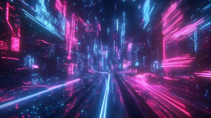 Fototapeta premium Vibrant futuristic cityscape neon lights digital art urban environment dynamic perspective technology concept