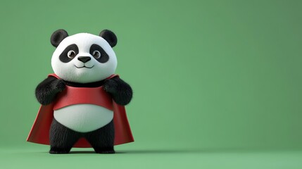A cartoon panda wearing a red cape stands in front of a green background.