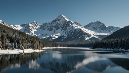 Tranquil Mountain Lake in Winter Surrounded by Snow-Capped Peaks and a Blanket of Fresh Snow