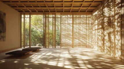 Fototapeta premium Minimalist Zen Interior Design with Natural Light and Wooden Accents