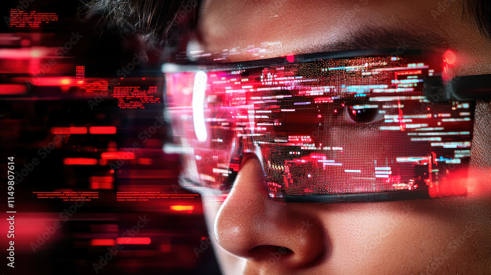 Poster futuristic technology with digital glasses displaying data streams, showcasing innovation and privac