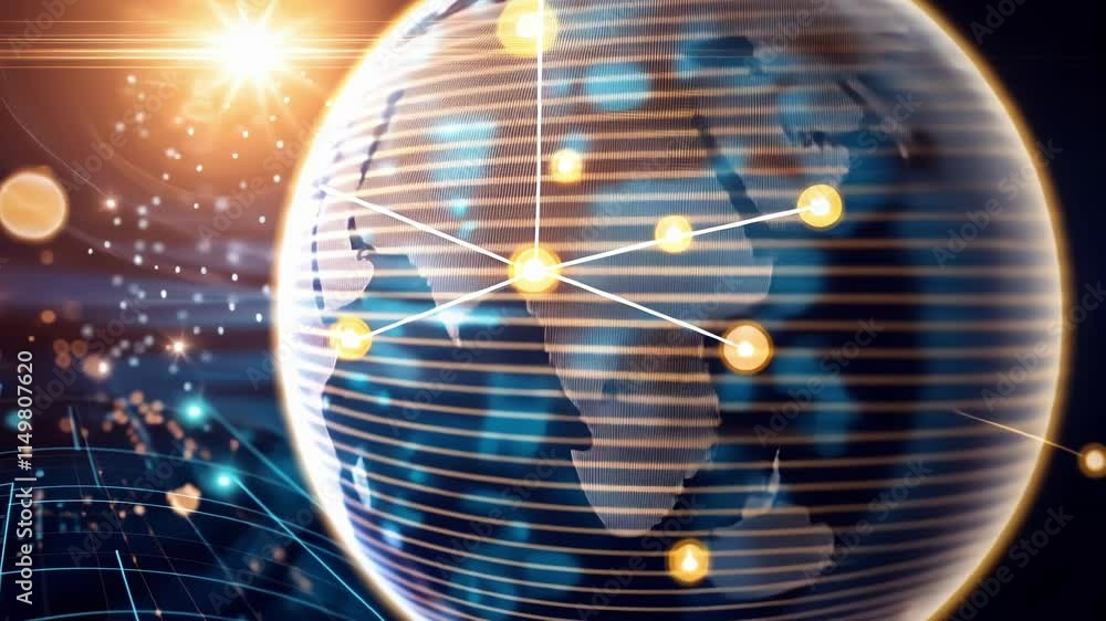 Poster binary code forming a digital earth globe rotating in space with data streams flowing, representing 