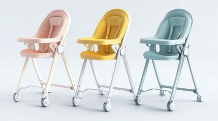 Three high chairs in different colors.