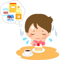 ケーキの材料を気にして食べるのを躊躇う女性