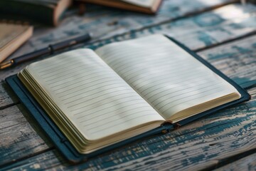 Obraz premium Open notebook with blank pages resting on a weathered wooden table, ready for thoughts, stories, or creative inspiration
