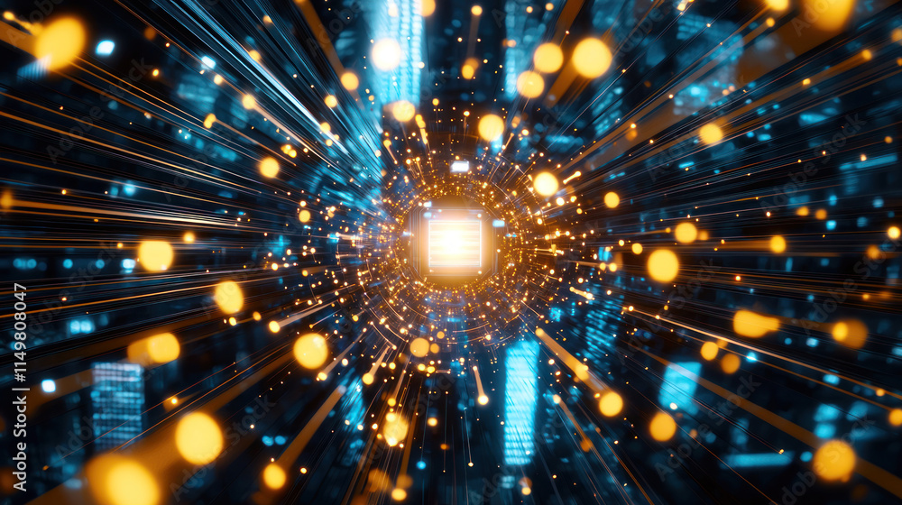Aufkleber abstract digital explosion with glowing particles and light rays, creating sense of speed and energy