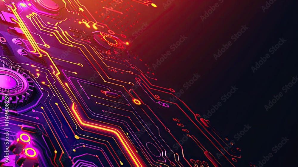 Poster a vibrant close-up of a circuit board with glowing lines and patterns.