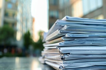 Stack of official documents lying on a surface, suggesting administrative overload or pending paperwork in an urban environment