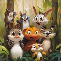Fototapeta premium Adorable Cartoon Animals Posing Together In A Forest Setting