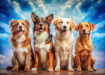 Blue background, smiling dogs of different breeds.  Surreal pet photography; captivating canine portraits.