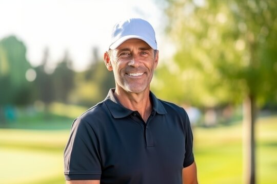 Portrait of a smiling senior golfer standing in a golf course