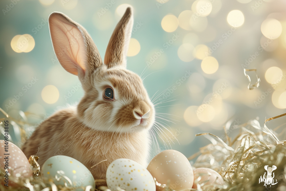 Poster rabbit is sitting on a pile of eggs. the rabbit is looking at the camera with a curious expression. 